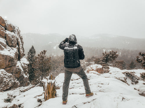 Man lost in snowy wilderness with emergency pack